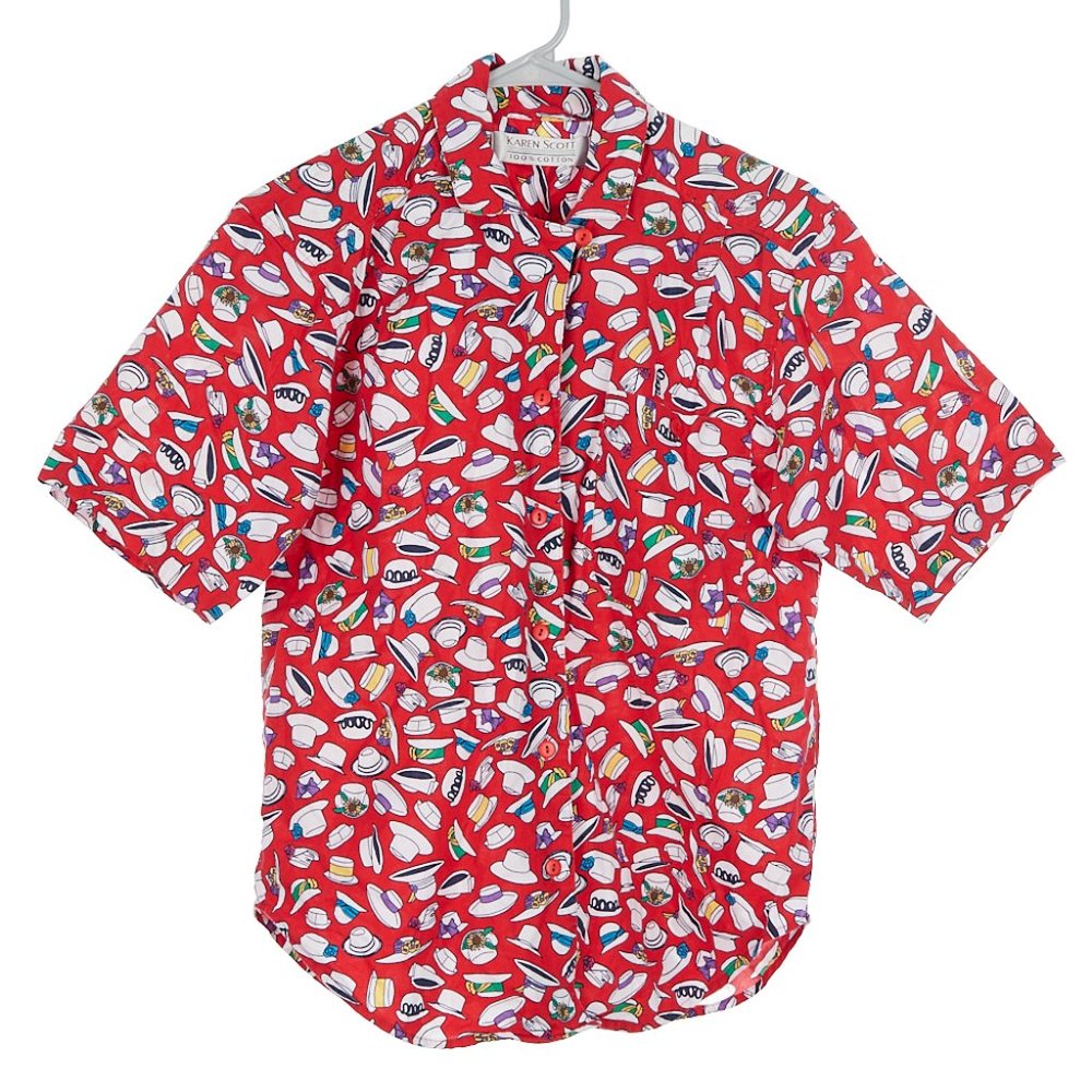 Vintage 90s Karen Scott Hat Print Button Front Shirt Small